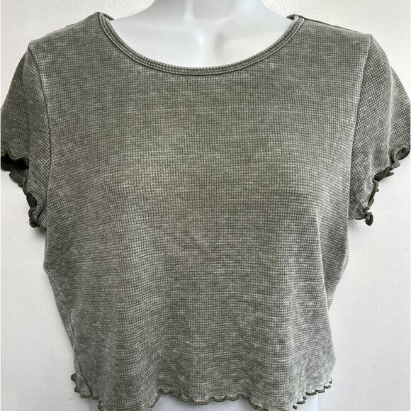 American Eagle Women's L Crop Top Waffle Knit Lettuce Hem Green Y2K Fairy Earthy - Picture 2 of 7